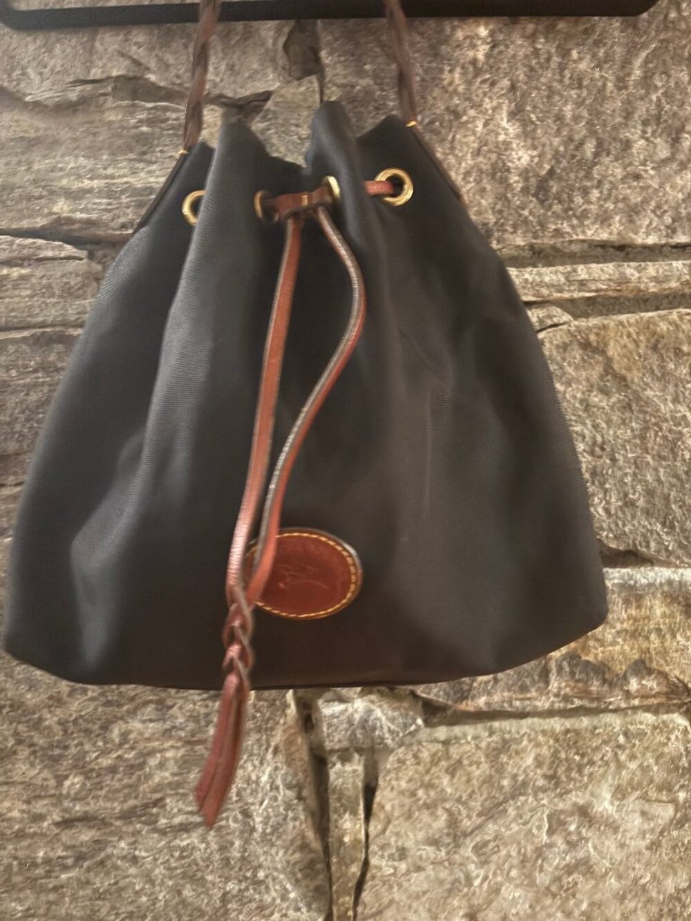 DOONEY & BOURKE BLACK NYLON, LEATHER DRAWSTRING TOP BAG, PURSE, LIKE NEW - Picture 2 of 13